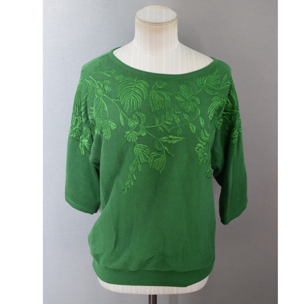 Chico's Knit Top 0 S Kelly Green Floral Embroidery Elbow Sleeve Women Sweater